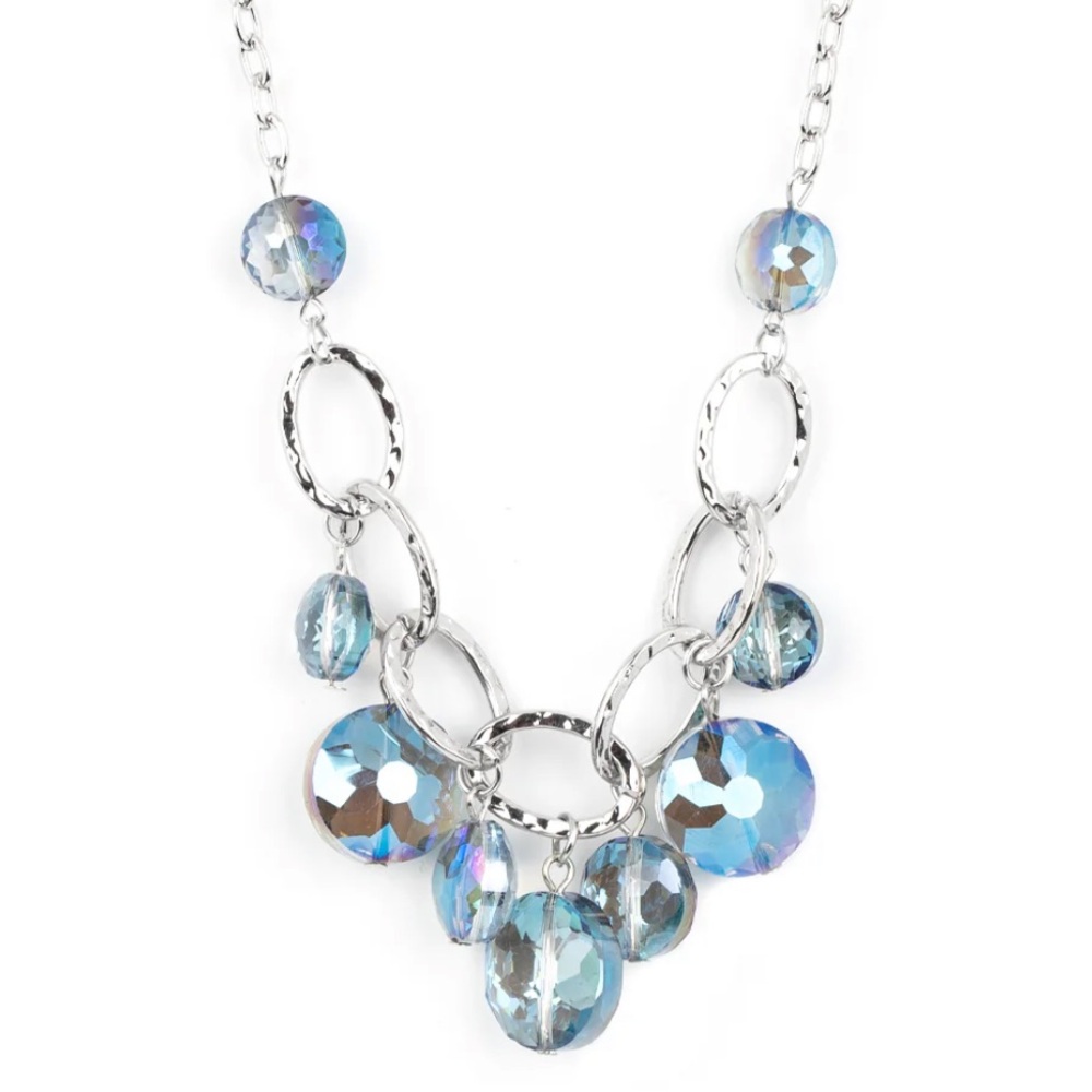Silver-tone Blue Beaded Bauble Necklace 18” NEW